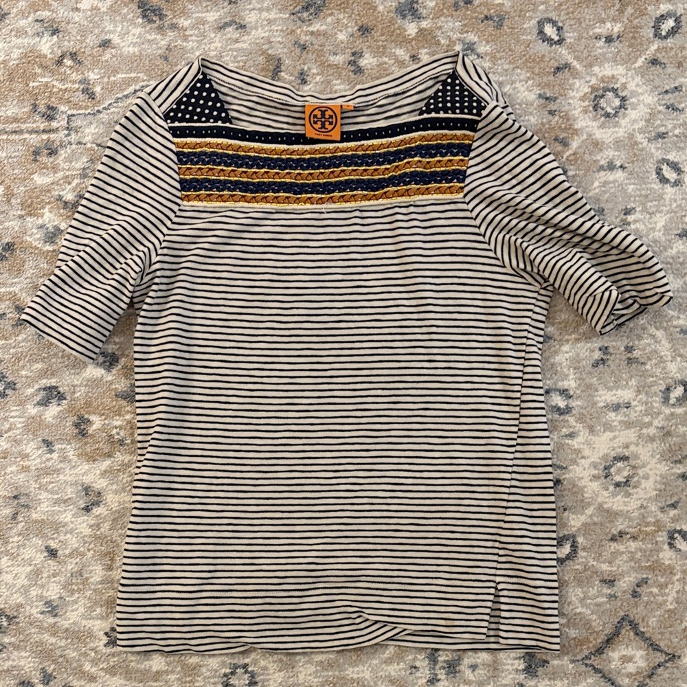 Tory Burch Black and White Striped Blouse with Gold Accents